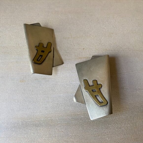 Vintage Sterling Silver Brutalist Modernist Chunky Brass Clip on Earrings - Picture 7 of 11